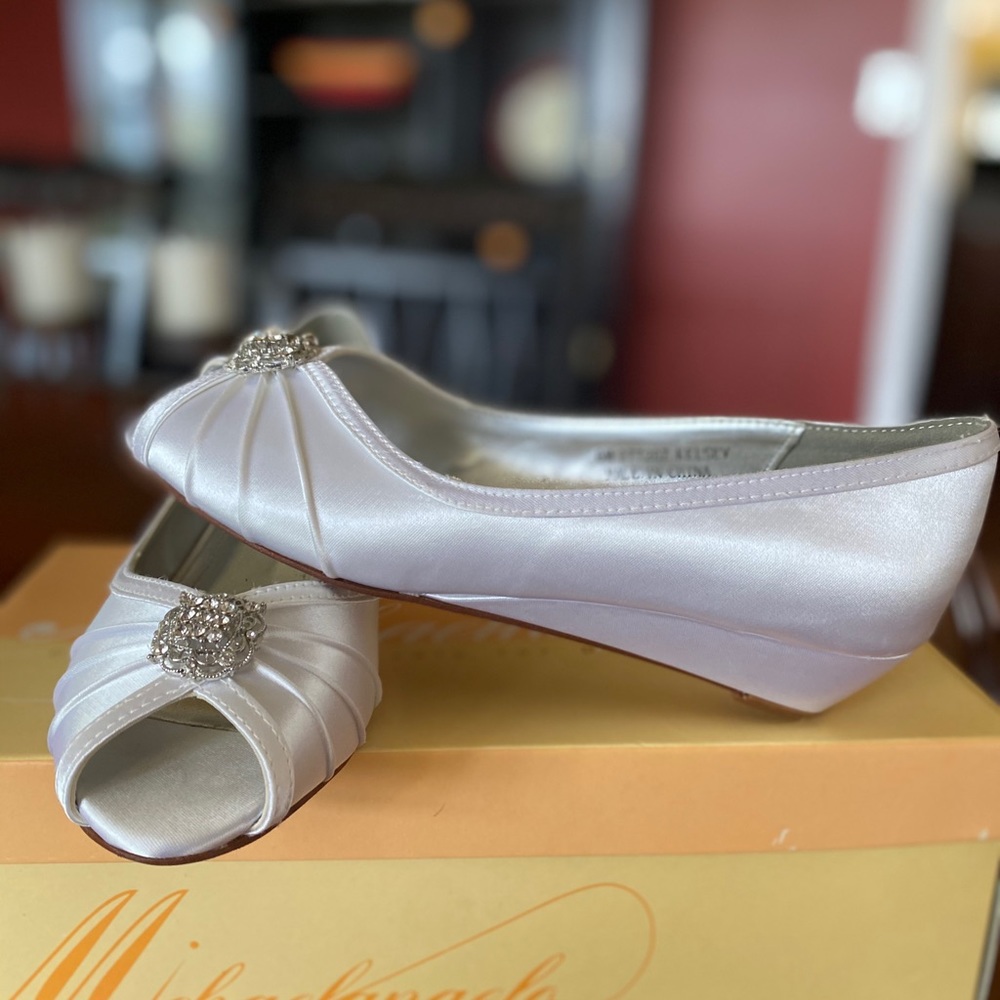 David's Bridal White Wedge Peep Toe Shoes